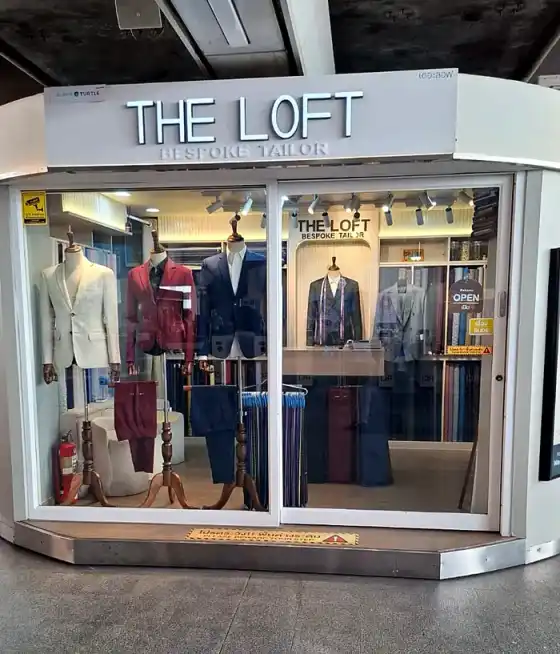 The shopfront, a lit sign reading THE LOFT Bespoke Tailor above suits on mannequins