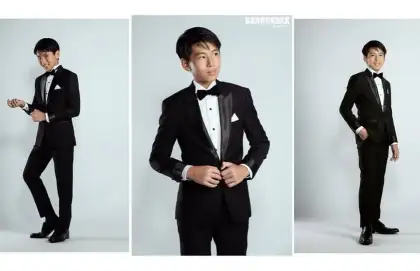 Three studio views of the same man in a black tuxedo — standing, buttoning and side on