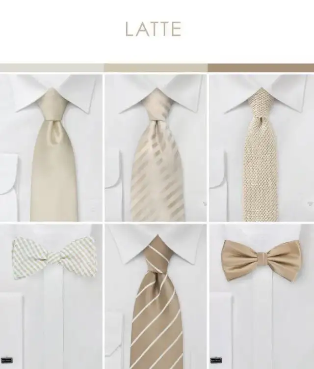 Ties and bow ties in latte tones shown against white collars