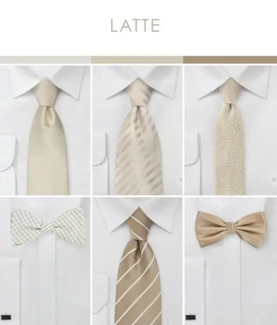 Ties and bow ties in latte tones shown against white collars